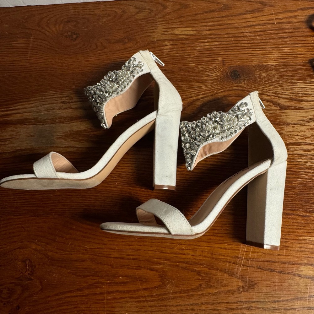 Lulus Cream Faux Suede Rhinestone Pearl Embellished Block Heel Sandals 6.5
